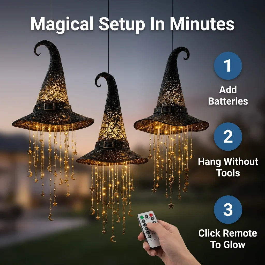 Hanging Witch Hat Light Halloween Decoration | Cascading LED Stars &amp; Moons | Battery-Powered, Glows Up to 30 Days
