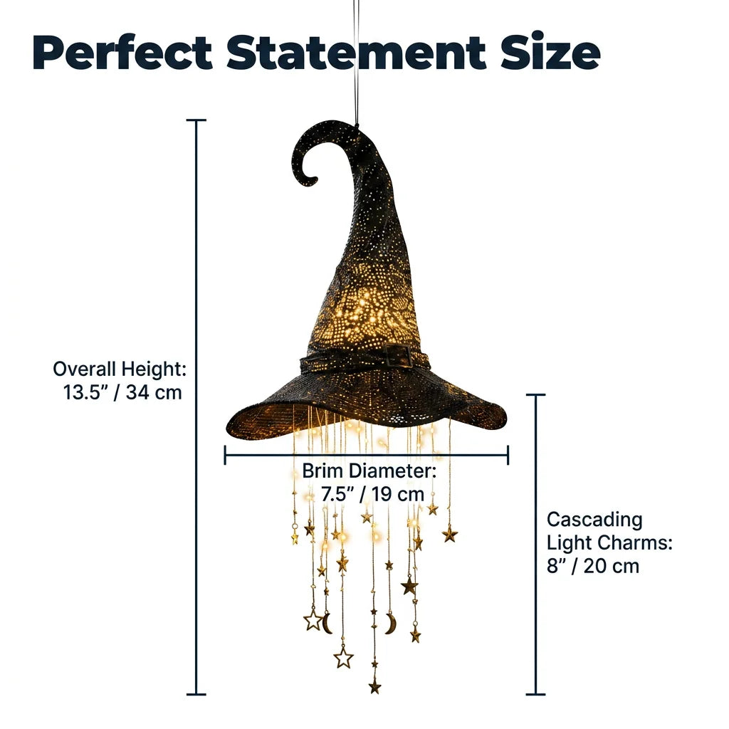 Hanging Witch Hat Light Halloween Decoration | Cascading LED Stars &amp; Moons | Battery-Powered, Glows Up to 30 Days