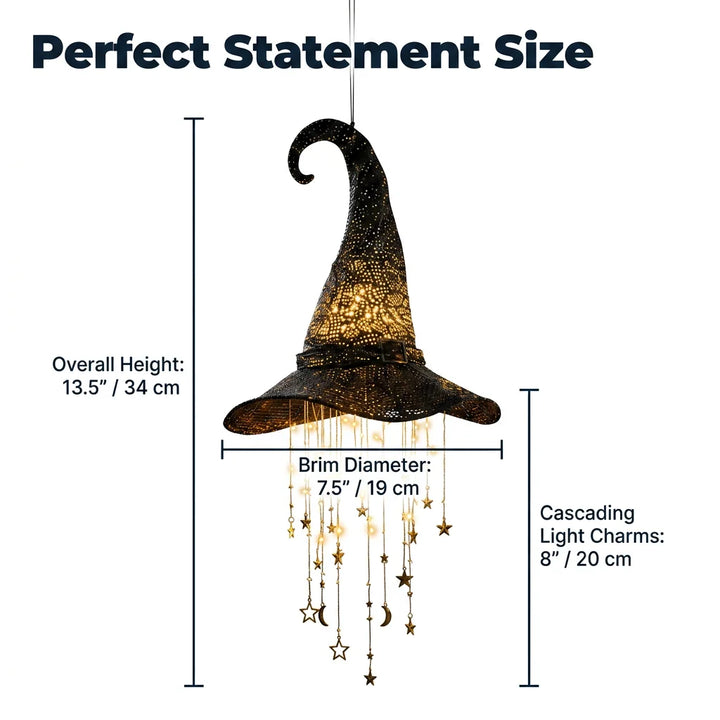Hanging Witch Hat Light Halloween Decoration | Cascading LED Stars &amp; Moons | Battery-Powered, Glows Up to 30 Days