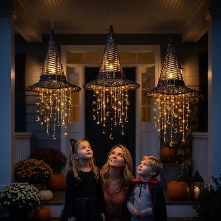 Hanging Witch Hat Light Halloween Decoration | Cascading LED Stars &amp; Moons | Battery-Powered, Glows Up to 30 Days
