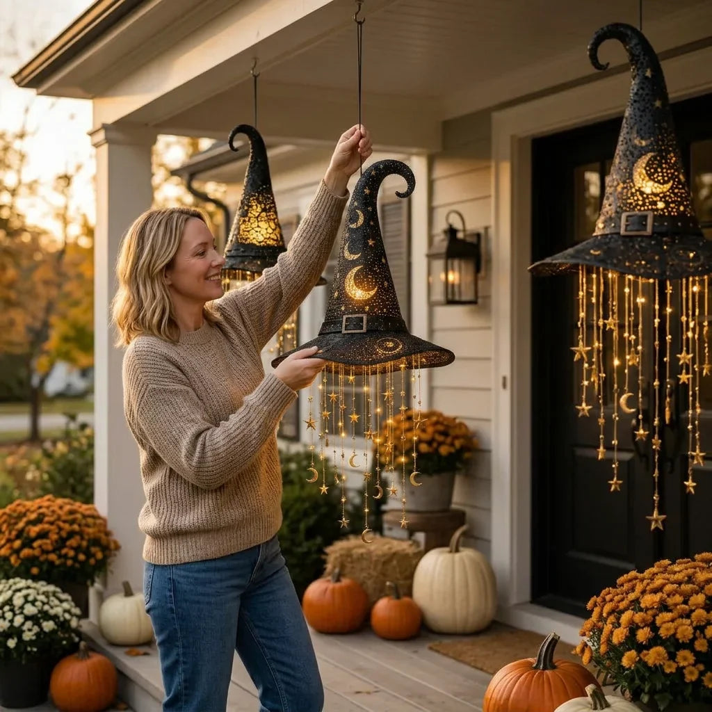 Hanging Witch Hat Light Halloween Decoration | Cascading LED Stars &amp; Moons | Battery-Powered, Glows Up to 30 Days
