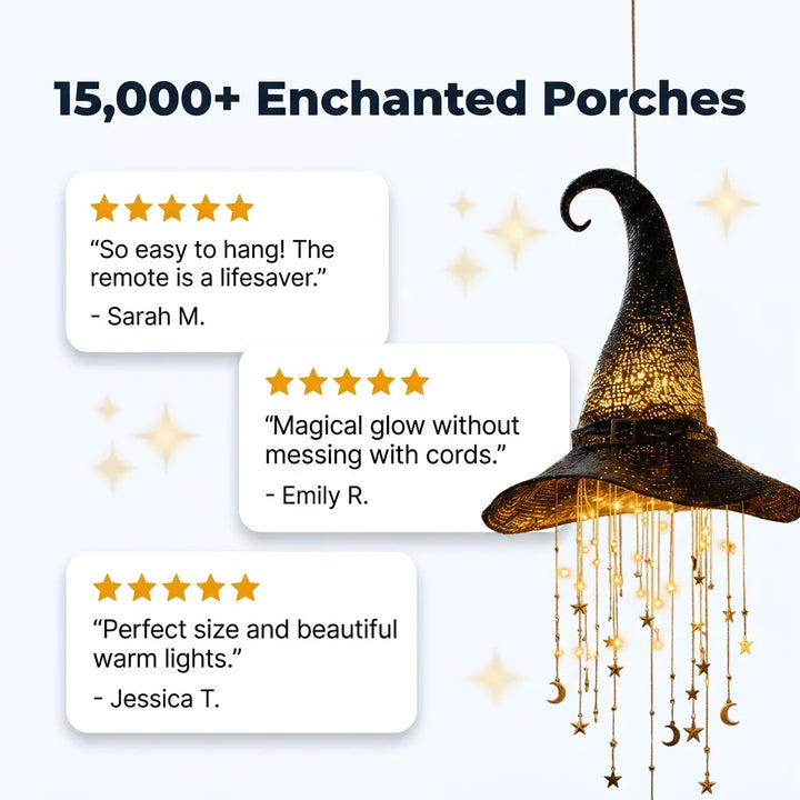 Hanging Witch Hat Light Halloween Decoration | Cascading LED Stars &amp; Moons | Battery-Powered, Glows Up to 30 Days