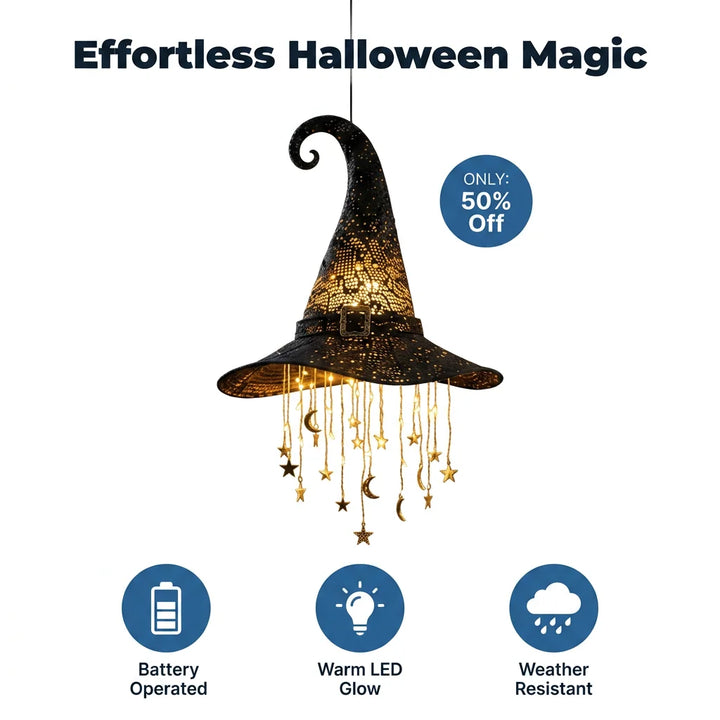 Hanging Witch Hat Light Halloween Decoration | Cascading LED Stars &amp; Moons | Battery-Powered, Glows Up to 30 Days
