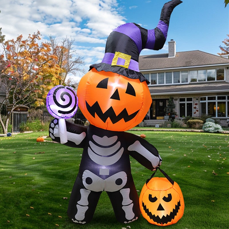 Inflatable Skeleton Pumpkin Halloween Decoration | LED Lights, Witch Hat, Blower Fan | Weather-Resistant Outdoor Yard Prop