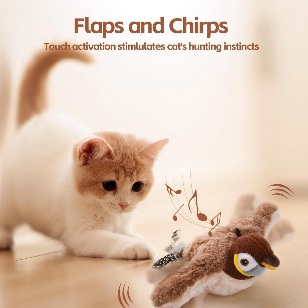 Interactive Bird Cat Toy Plush | Motion Sensor Chirping &amp; Flapping Wings | USB Rechargeable with Catnip Scent Included