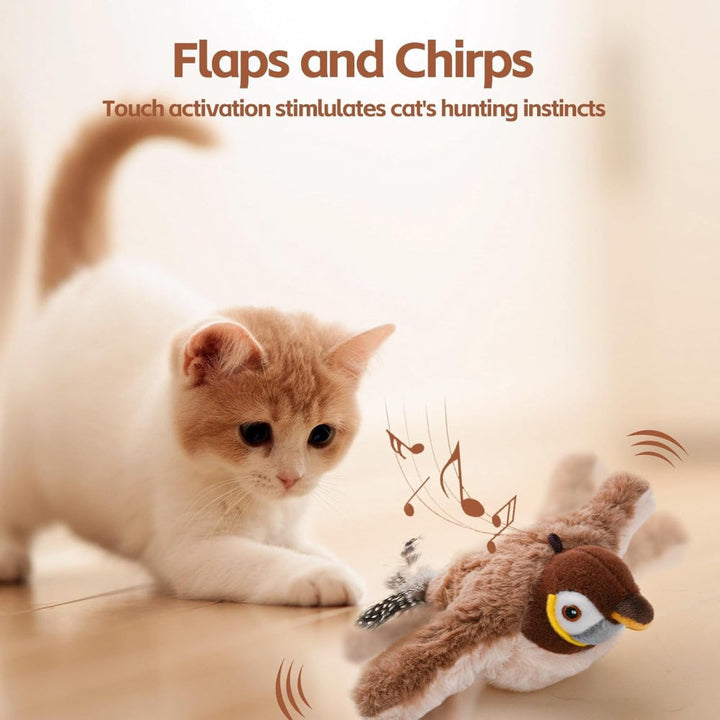 Interactive Bird Cat Toy Plush | Motion Sensor Chirping &amp; Flapping Wings | USB Rechargeable with Catnip Scent Included