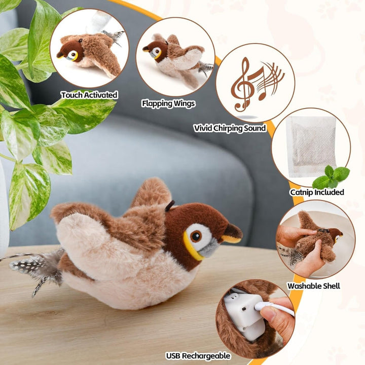 Interactive Bird Cat Toy Plush | Motion Sensor Chirping &amp; Flapping Wings | USB Rechargeable with Catnip Scent Included