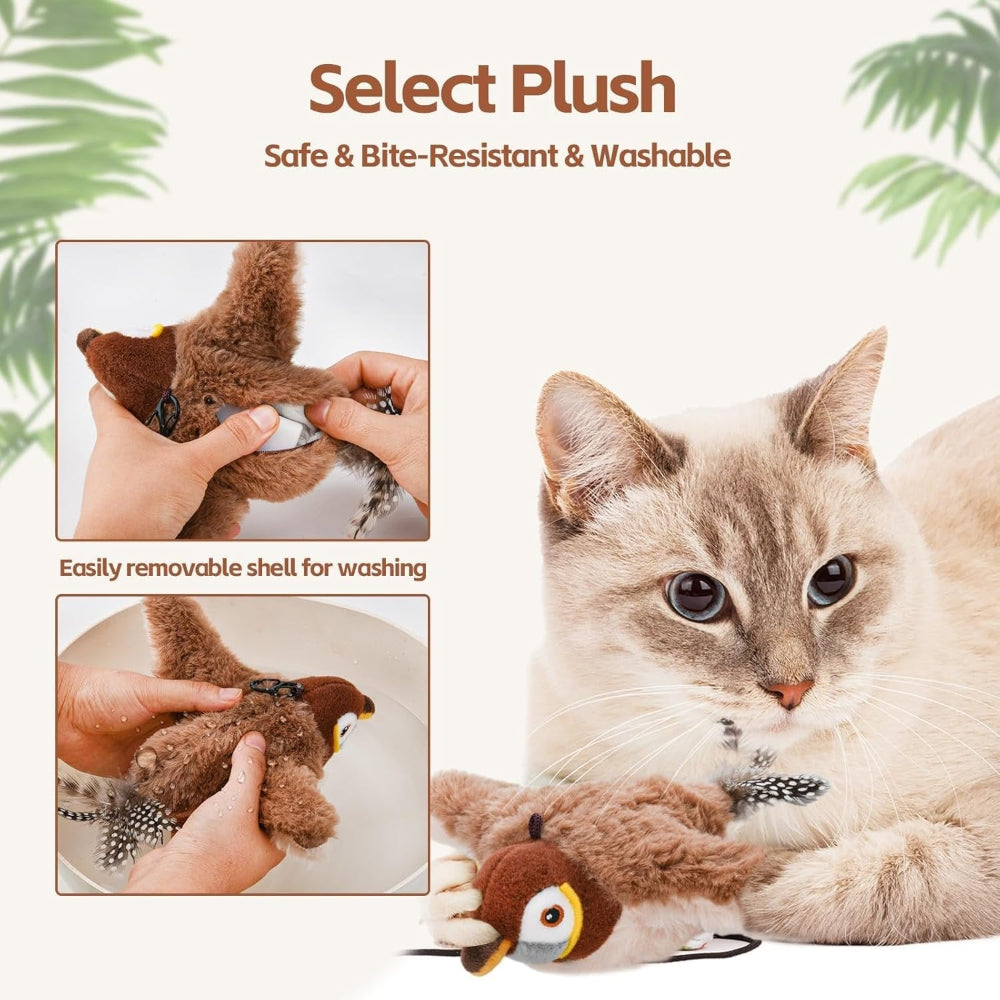 Interactive Bird Cat Toy Plush | Motion Sensor Chirping &amp; Flapping Wings | USB Rechargeable with Catnip Scent Included