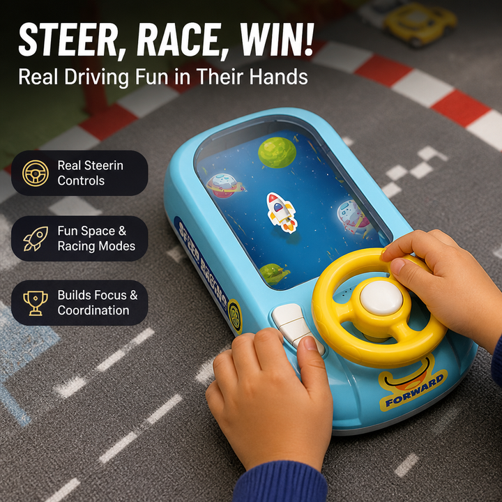 Interactive Steering Wheel Toy ABS | Space and Race Track Play Modes | USB Rechargeable, Lightweight Portable Design