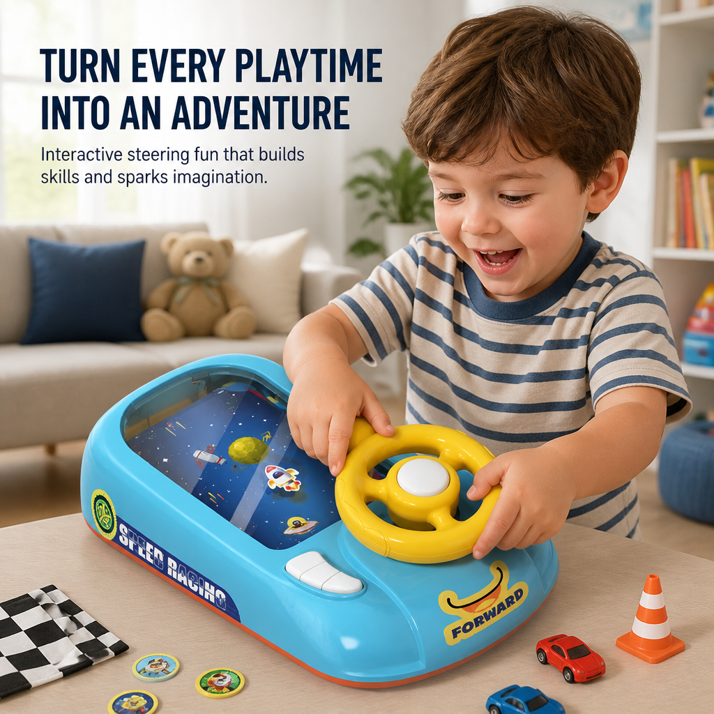 Interactive Steering Wheel Toy ABS | Space and Race Track Play Modes | USB Rechargeable, Lightweight Portable Design