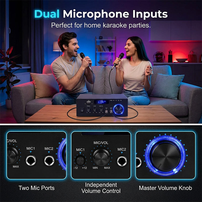 Karaoke Amplifier 5-in-1 | Bluetooth, USB, SD/MMC &amp; FM Radio | Dual Microphone Inputs with Bass &amp; Treble Control