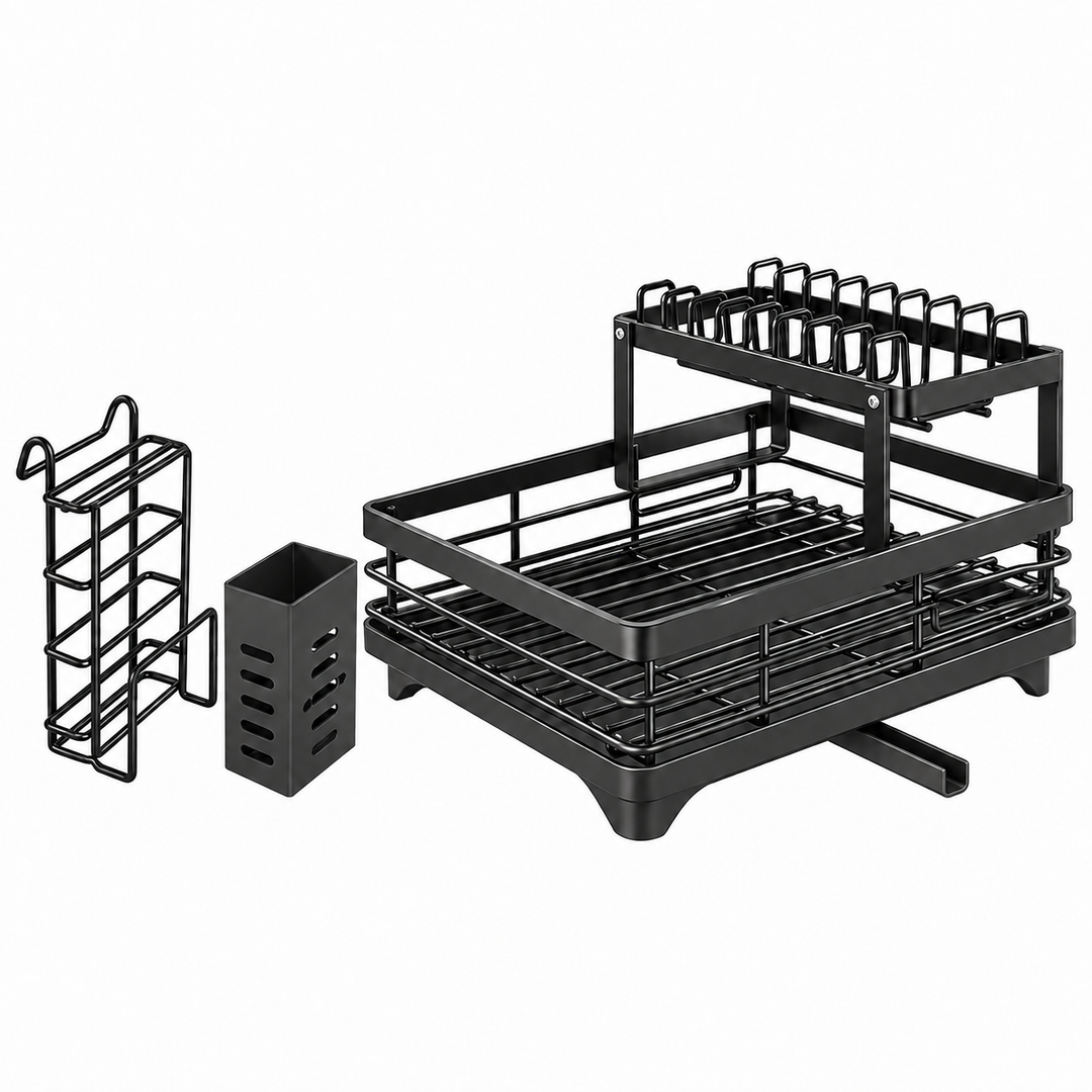 Kitchen Storage Dish Rack 2-Tier Coated Steel with 360 Rotating Drain
