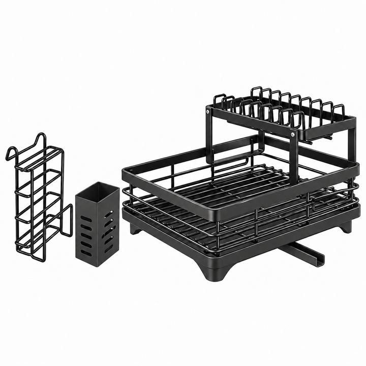 Kitchen Storage Dish Rack 2-Tier Coated Steel with 360 Rotating Drain