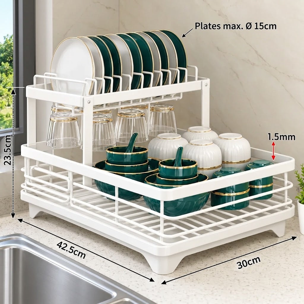 Kitchen Storage Dish Rack 2-Tier Coated Steel with 360 Rotating Drain