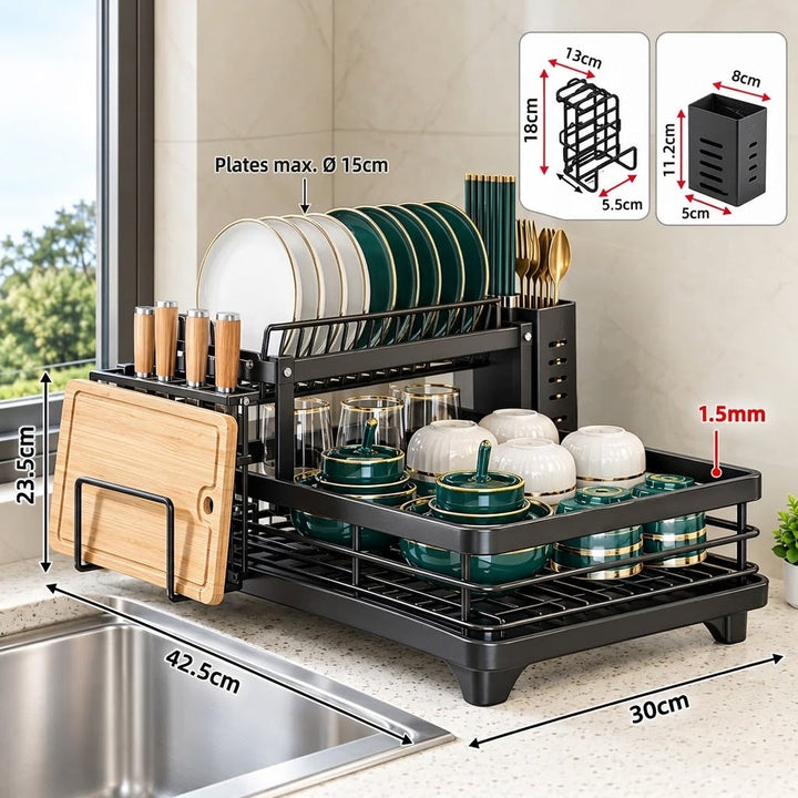 Kitchen Storage Dish Rack 2-Tier Coated Steel with 360 Rotating Drain