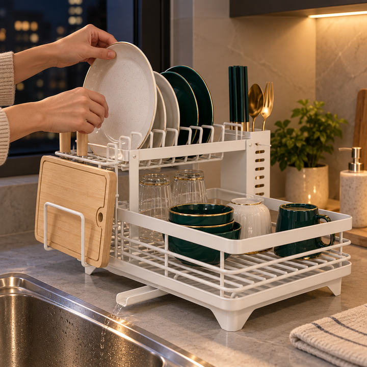 Kitchen Storage Dish Rack 2-Tier Coated Steel with 360 Rotating Drain