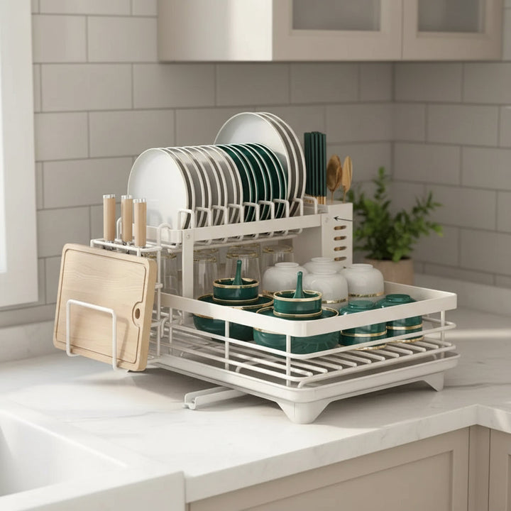 Kitchen Storage Dish Rack 2-Tier Coated Steel with 360 Rotating Drain