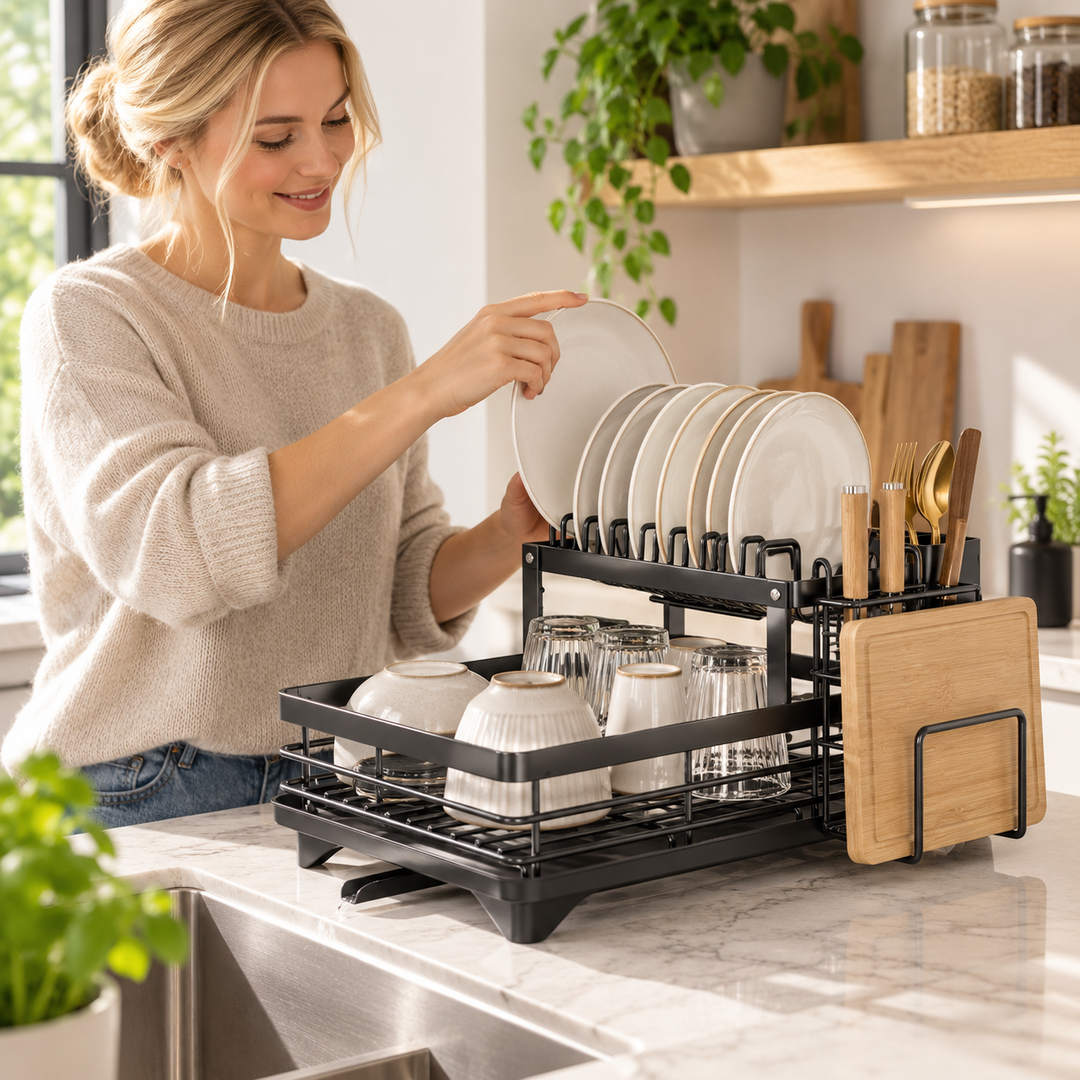 Kitchen Storage Dish Rack 2-Tier Coated Steel with 360 Rotating Drain