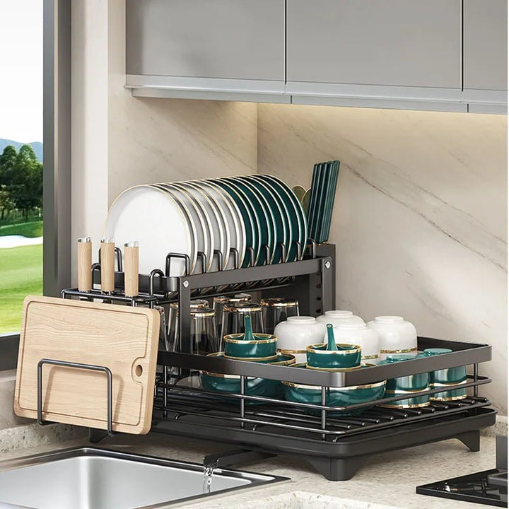 Kitchen Storage Dish Rack 2-Tier Coated Steel with 360 Rotating Drain