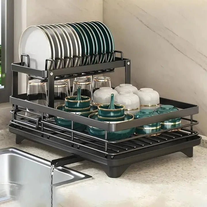 Kitchen Storage Dish Rack 2-Tier Coated Steel with 360 Rotating Drain