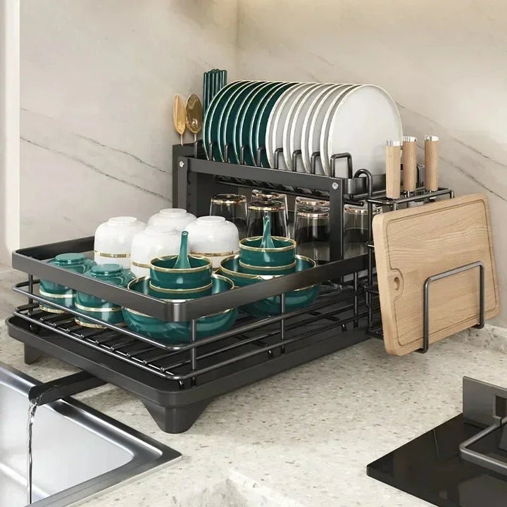 Kitchen Storage Dish Rack 2-Tier Coated Steel with 360 Rotating Drain
