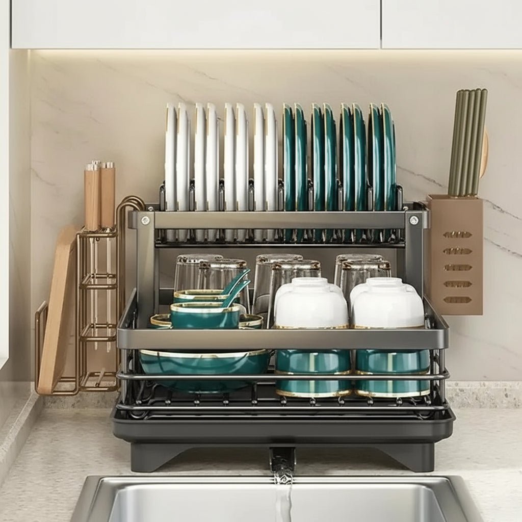 Kitchen Storage Dish Rack 2-Tier Coated Steel with 360 Rotating Drain