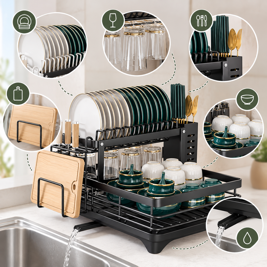 Kitchen Storage Dish Rack 2-Tier Coated Steel with 360 Rotating Drain