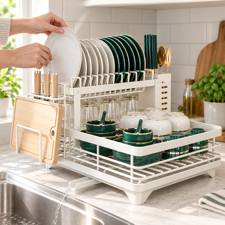 Kitchen Storage Dish Rack 2-Tier Coated Steel with 360 Rotating Drain