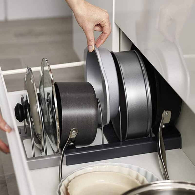 Kitchen Storage Pan Rack Expandable Stainless Steel with Tool-Free Assembly