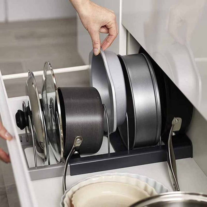 Kitchen Storage Pan Rack Expandable Stainless Steel with Tool-Free Assembly