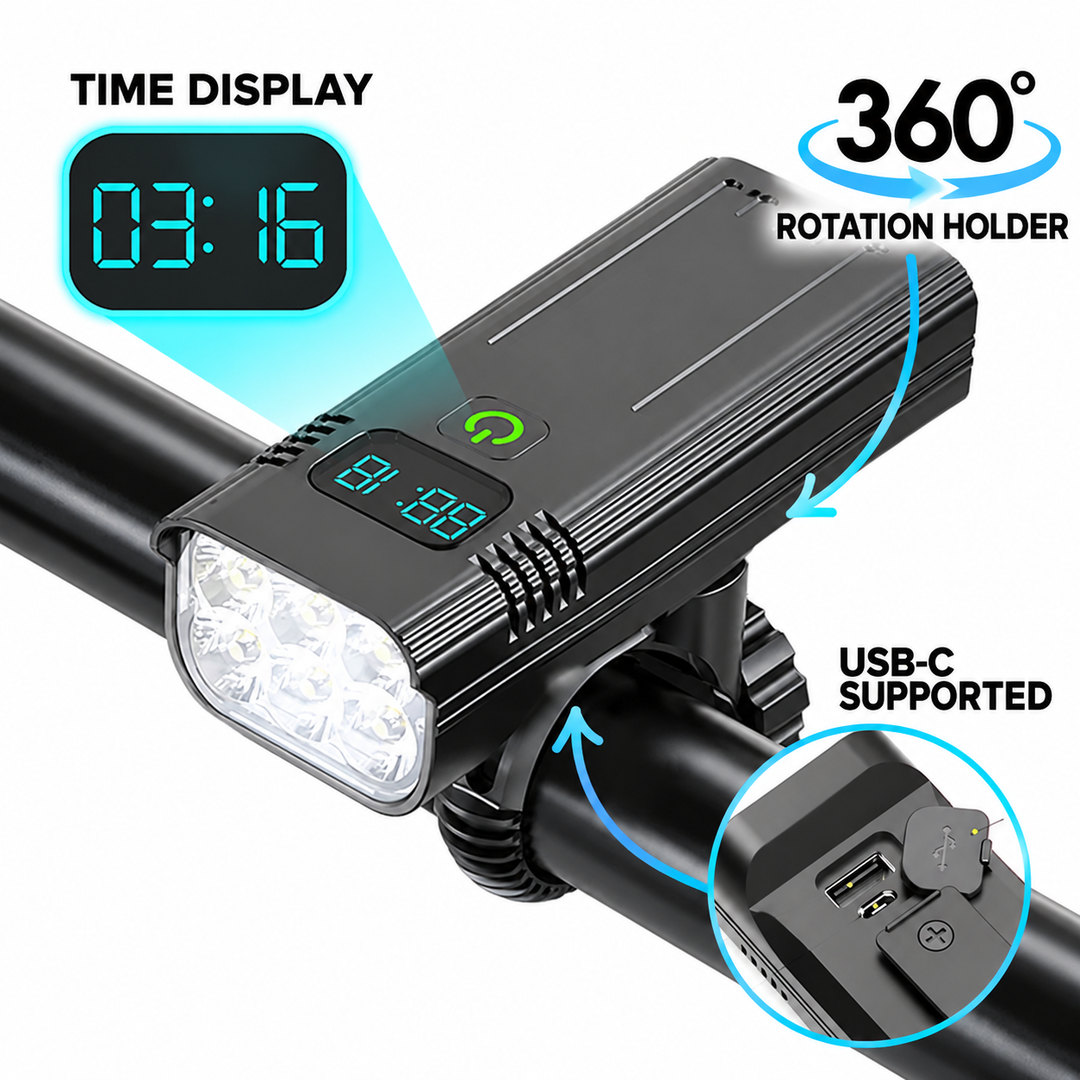 LED Bike Light 5000 Lumens | 12 LEDs USB-C Rechargeable Battery | 10,000mAh Capacity with Digital Display and Aluminium Housing