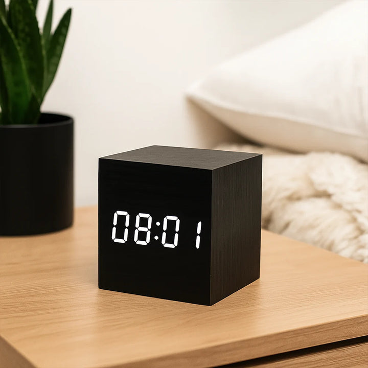 LED Digital Alarm Clock Cube Temperature Display Night Mode