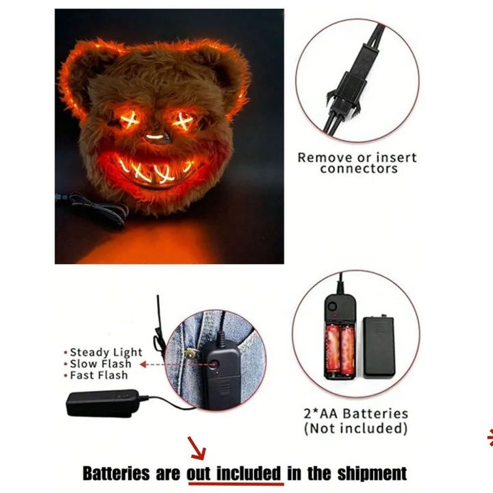 LED Glow Horror Mask Halloween Cosplay | Bloody Rabbit or Bear Style Options | Battery Powered Light Up Design