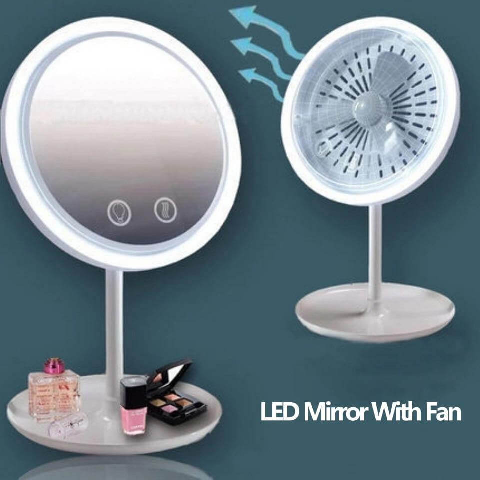 LED Light Makeup Mirror with Cooling Fan | 5X Magnifying Detachable Mirror, USB-Powered | Adjustable Tilt & Suction Cup Base