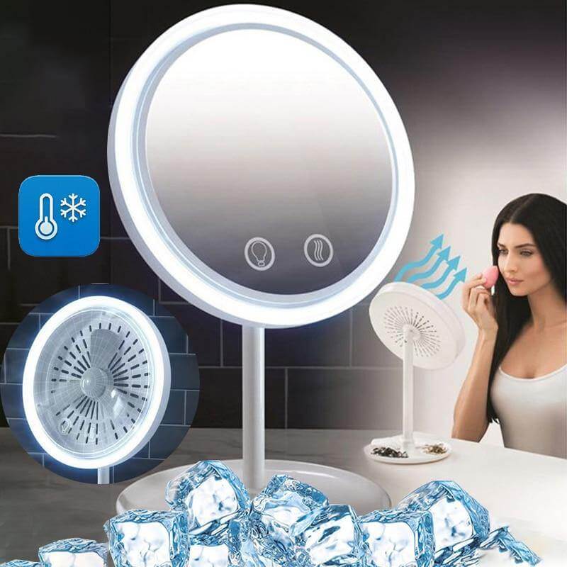 LED Light Makeup Mirror with Cooling Fan | 5X Magnifying Detachable Mirror, USB-Powered | Adjustable Tilt & Suction Cup Base