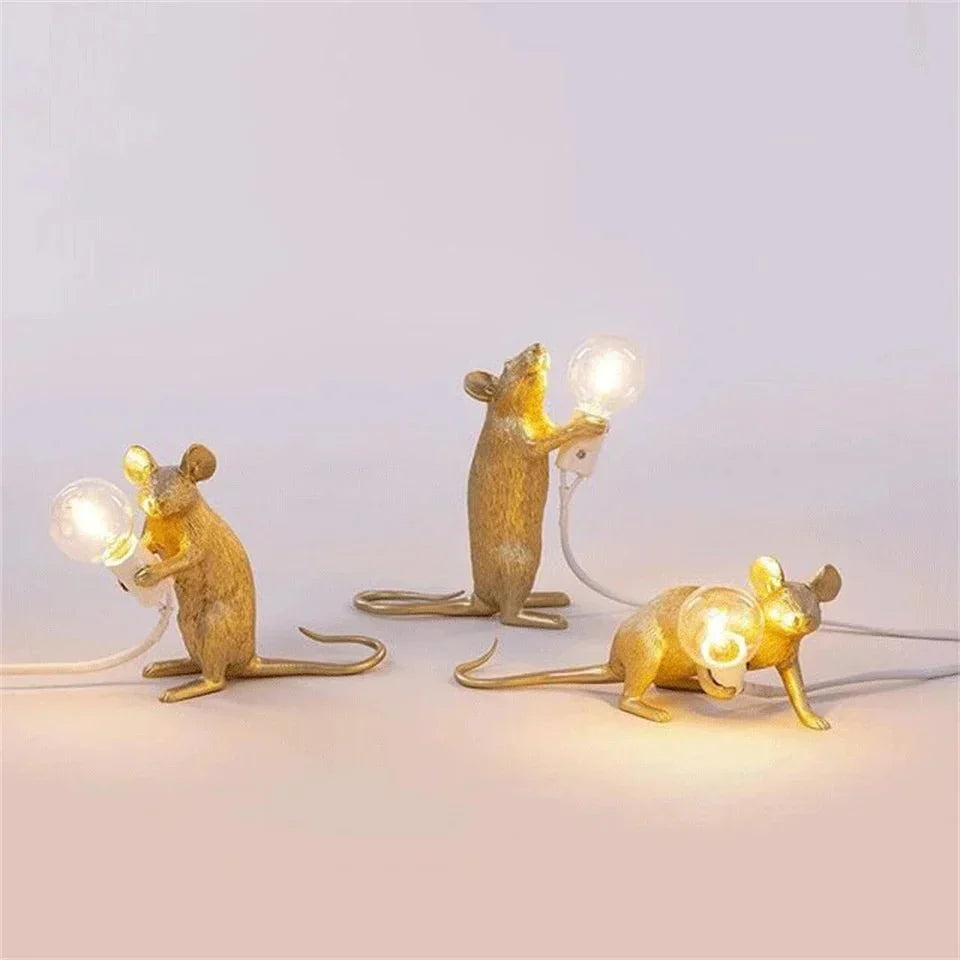 LED Mouse Figurine Table Lamp, 14.5 x 13.3 x 6 cm | Gold, White or Black, Standing, Sitting or Lying | Push-Button Ambient Glow