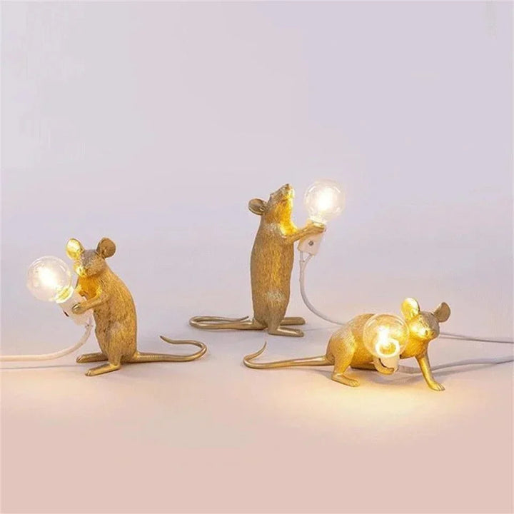 LED Mouse Figurine Table Lamp, 14.5 x 13.3 x 6 cm | Gold, White or Black, Standing, Sitting or Lying | Push-Button Ambient Glow