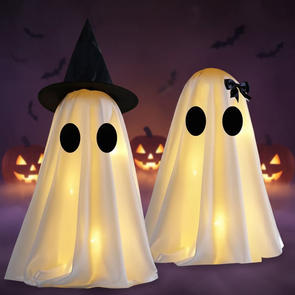 Light-Up Ghost Decorations Halloween Tabletop Set | Warm White LED Lights, Set of Two | Semi-Sheer Fabric, Self-Standing Design