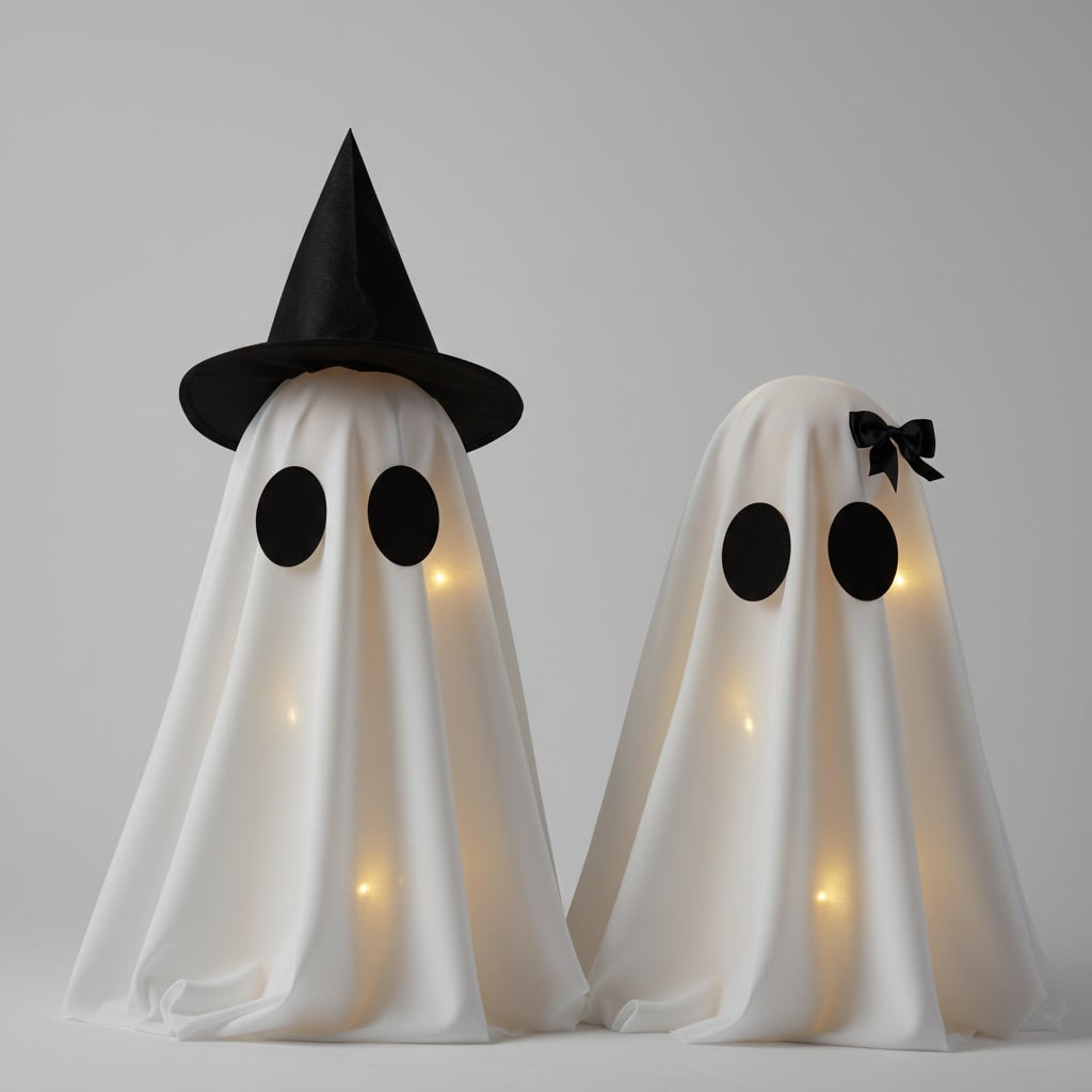 Light-Up Ghost Decorations Halloween Tabletop Set | Warm White LED Lights, Set of Two | Semi-Sheer Fabric, Self-Standing Design