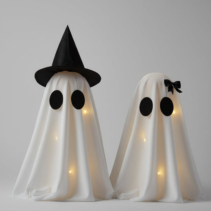 Light-Up Ghost Decorations Halloween Tabletop Set | Warm White LED Lights, Set of Two | Semi-Sheer Fabric, Self-Standing Design