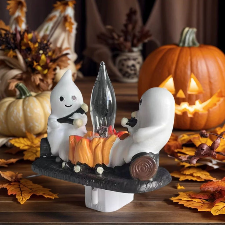 Light-Up Ghost Figurine Halloween Decor | Warm LED Flicker Fire Effect | Battery-Operated Resin Design for Indoor Display