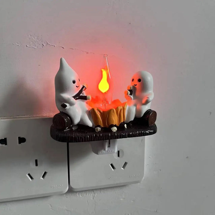 Light-Up Ghost Figurine Halloween Decor | Warm LED Flicker Fire Effect | Battery-Operated Resin Design for Indoor Display