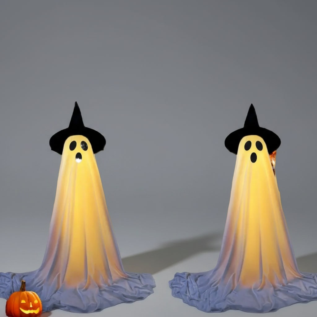 Light Up Ghost Halloween Decoration | One or Two Pack, Adjustable Stand | White Fabric, LED Warm Glow, Indoor &amp; Outdoor Use