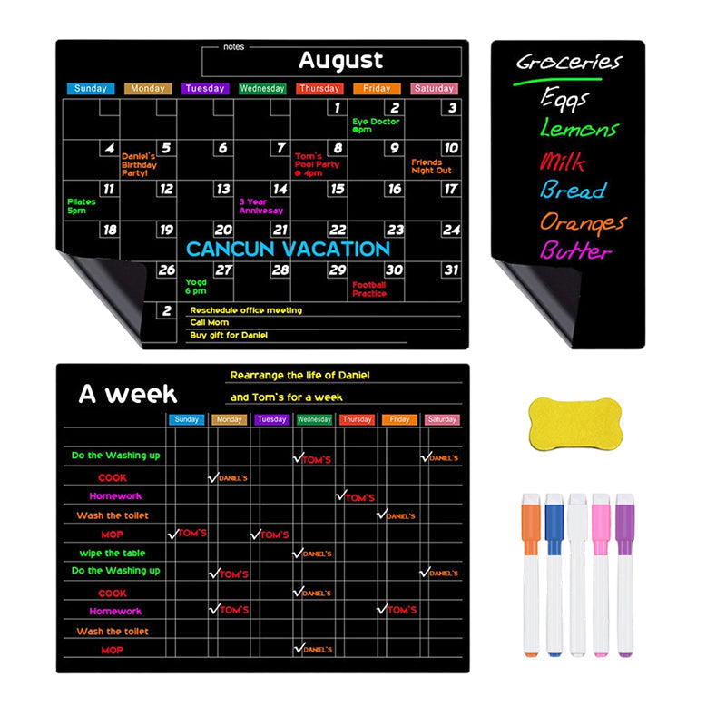 Magnetic Fridge Calendar Planner Board Dry Erase with Neon Fine-Tip Markers