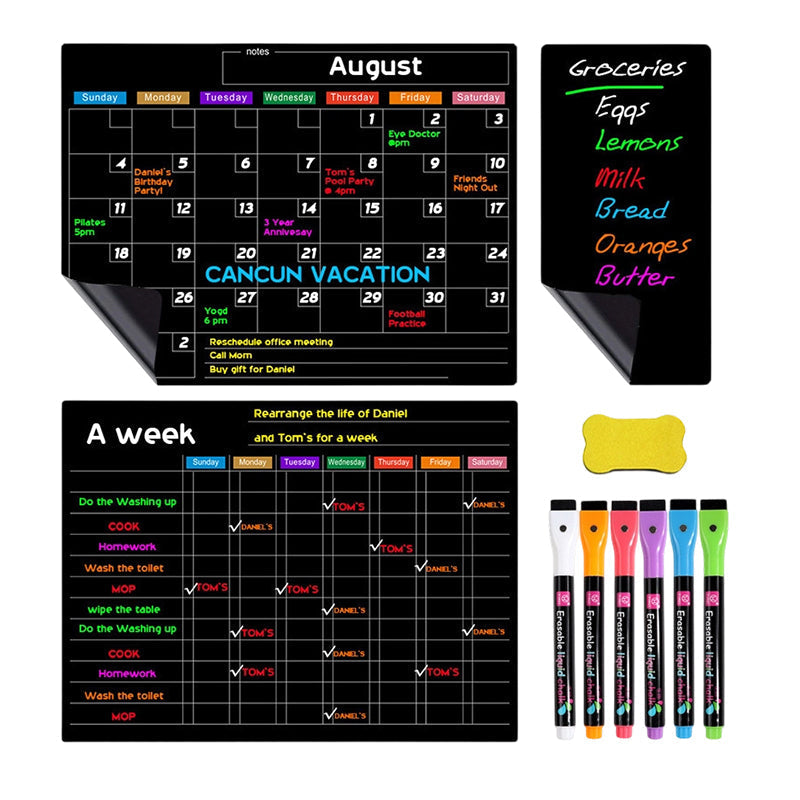 Magnetic Fridge Calendar Planner Board Dry Erase with Neon Fine-Tip Markers