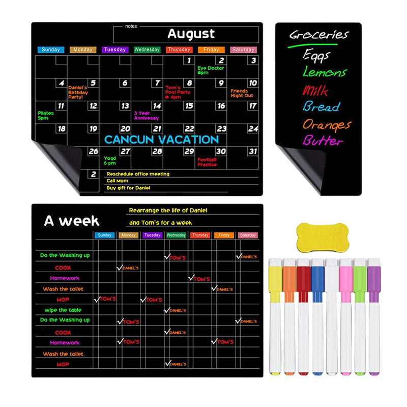 Magnetic Fridge Calendar Planner Board Dry Erase with Neon Fine-Tip Markers