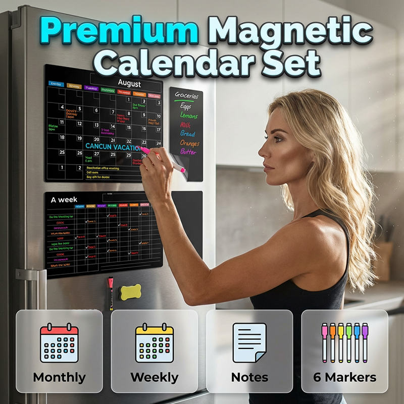 Magnetic Fridge Calendar Planner Board Dry Erase with Neon Fine-Tip Markers