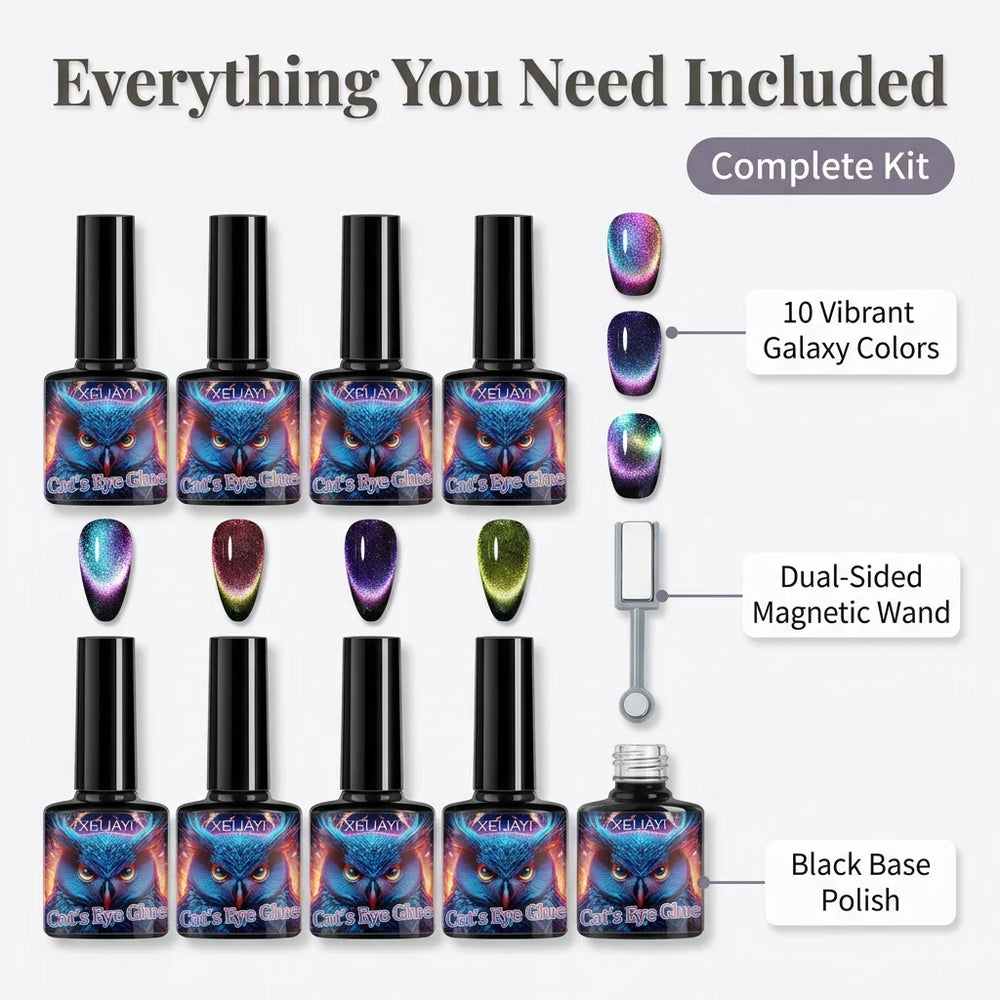 Magnetic Galaxy Nail Polish Kit | 8 Shades, Black Base Coat, Dual-Sided Magnet | Create 9D Salon-Style Nail Art at Home