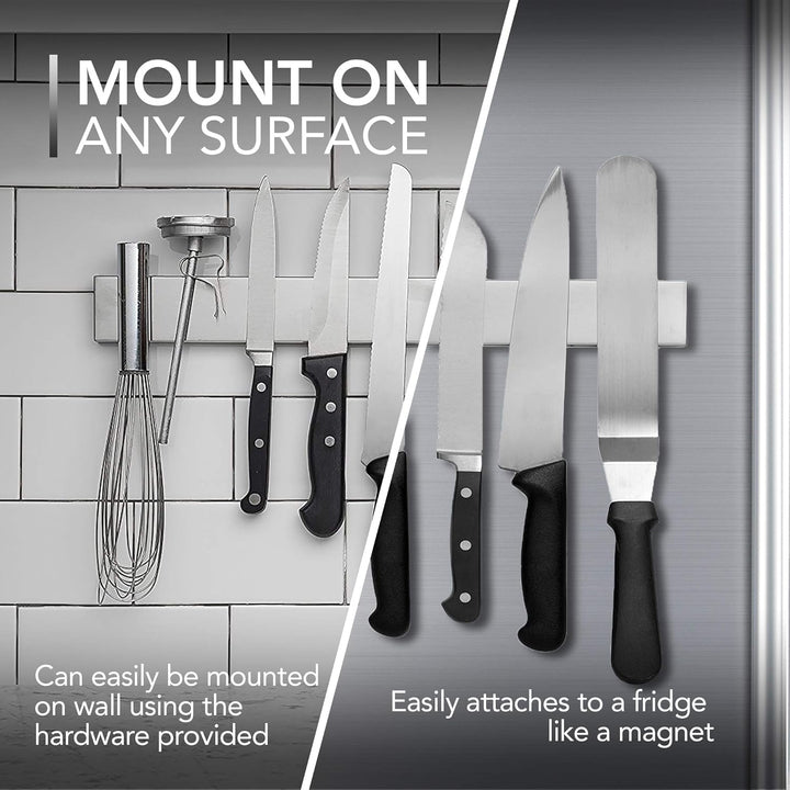 Magnetic Knife and Tools Holder Stainless Steel | 14 Inch Fully Magnetic Bar | Wall or Fridge Mount, No Drilling Needed
