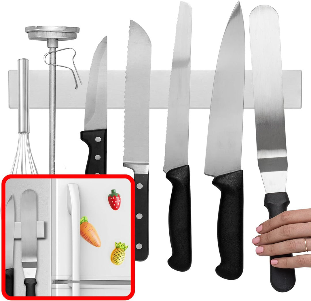 Magnetic Knife and Tools Holder Stainless Steel | 14 Inch Fully Magnetic Bar | Wall or Fridge Mount, No Drilling Needed